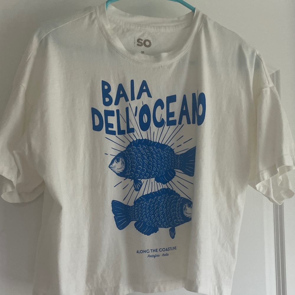 White T-Shirt with Blue Ocean Graphic